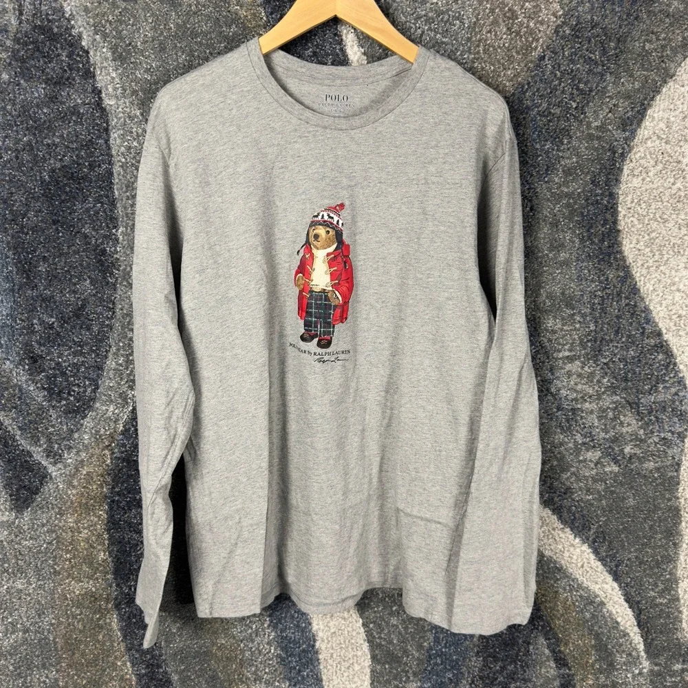 Polo‎ Ralph Lauren Polo Bear Tee Mens Large Grey Excellent Long Sleeve Graphic